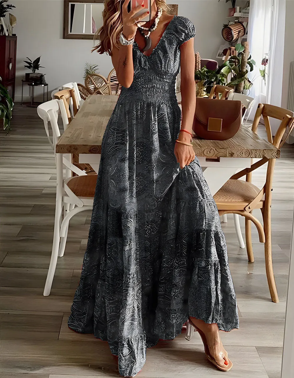 Disty Floral Print V Neck Short Sleeve Maxi A Line Dresses