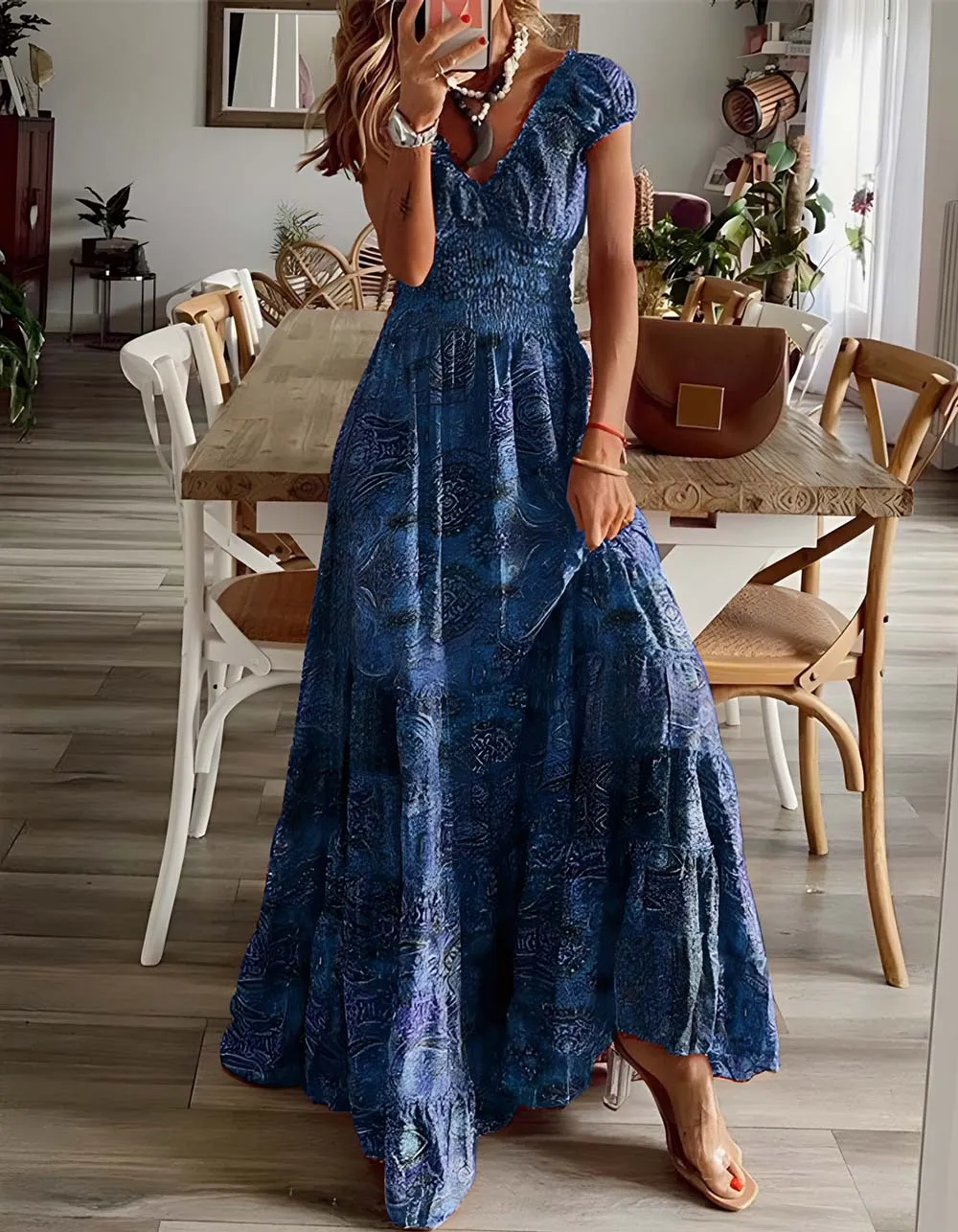 Disty Floral Print V Neck Short Sleeve Maxi A Line Dresses