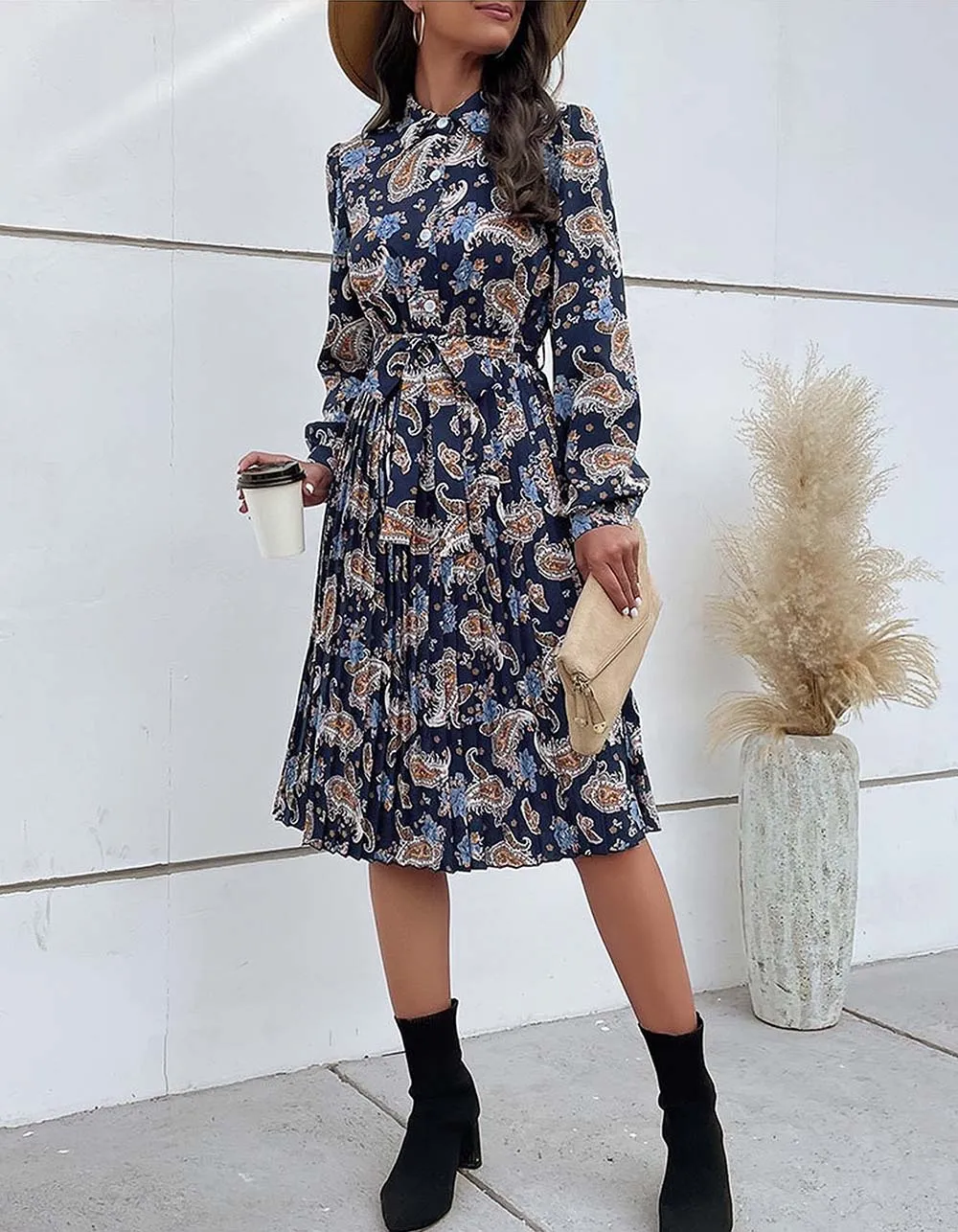 Disty Floral Printed Long Sleeve Button Belted Midi A-Line Dresses