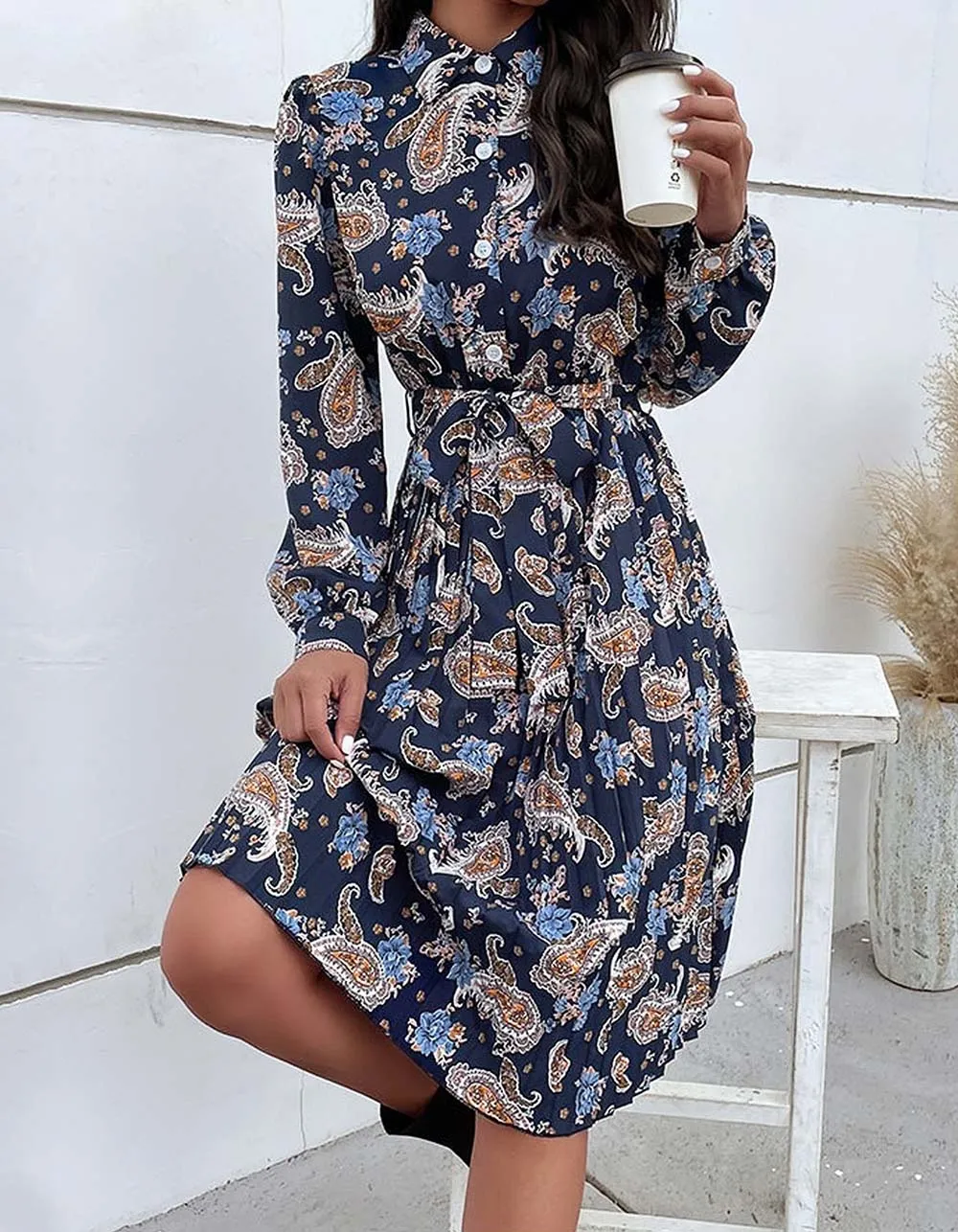 Disty Floral Printed Long Sleeve Button Belted Midi A-Line Dresses
