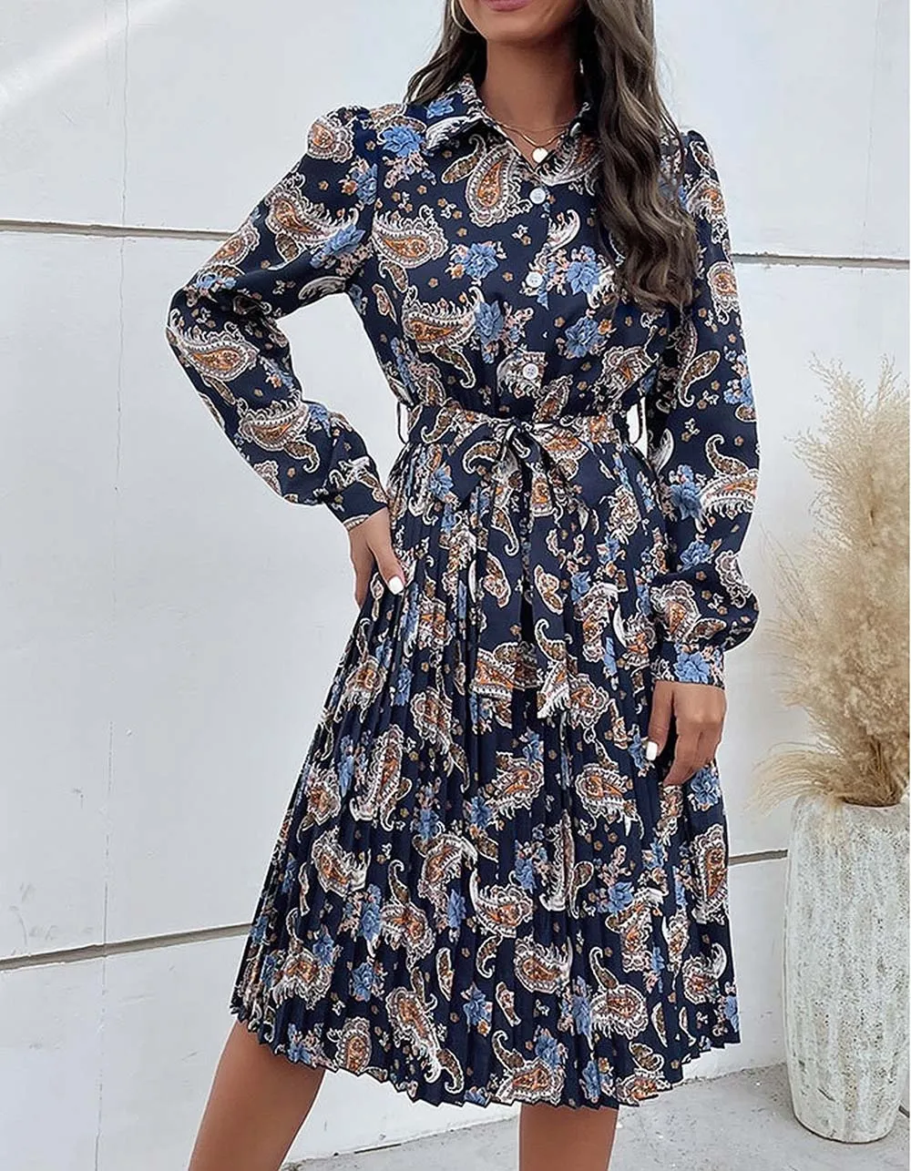 Disty Floral Printed Long Sleeve Button Belted Midi A-Line Dresses