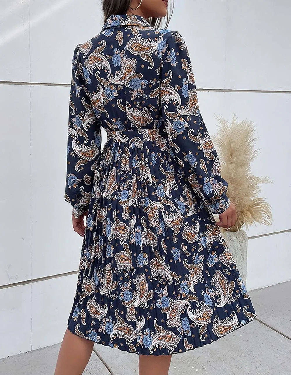 Disty Floral Printed Long Sleeve Button Belted Midi A-Line Dresses