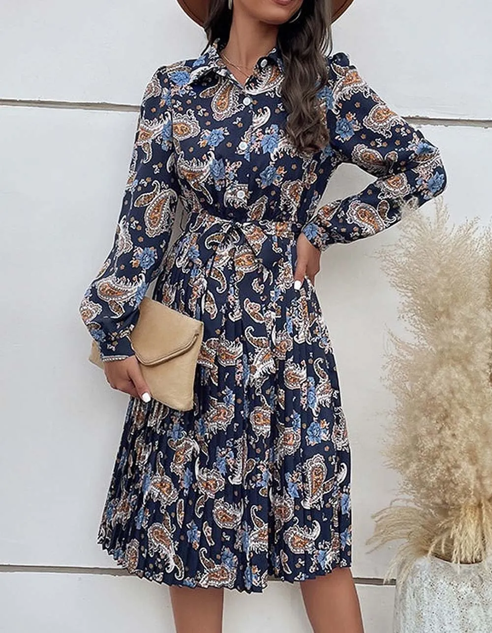 Disty Floral Printed Long Sleeve Button Belted Midi A-Line Dresses