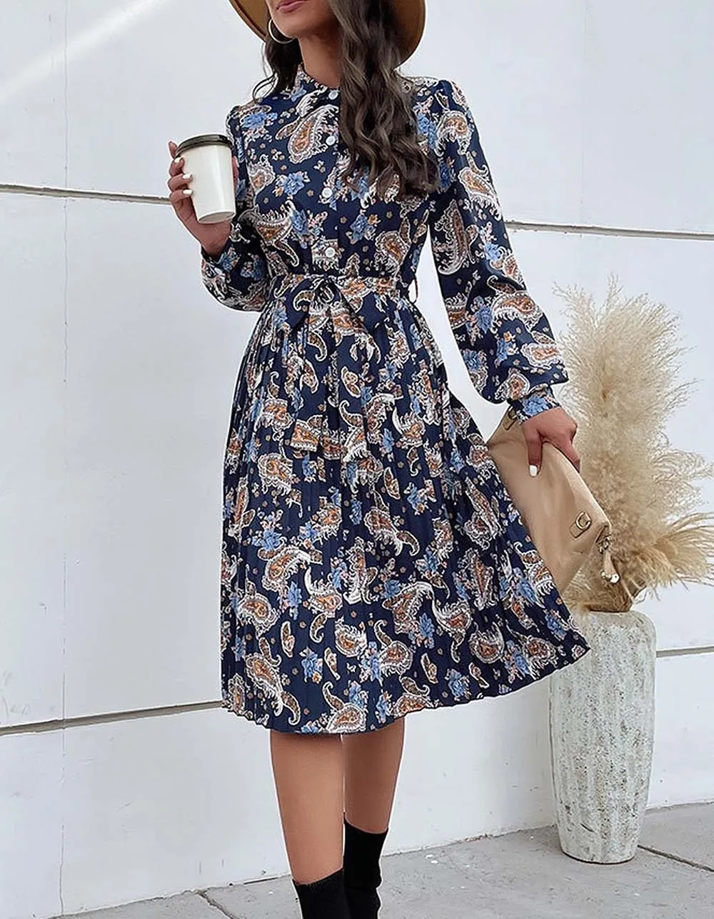 Disty Floral Printed Long Sleeve Button Belted Midi A-Line Dresses