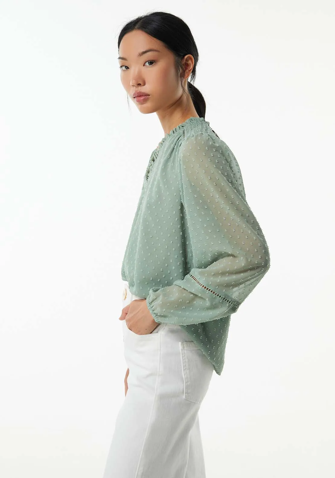 Elastic details plumetis blouse - Sage