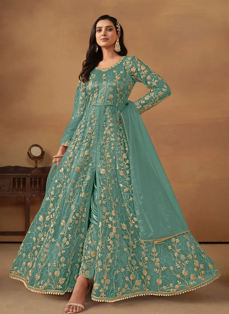 Elegant Anarkali Dress with Net and Satin Details