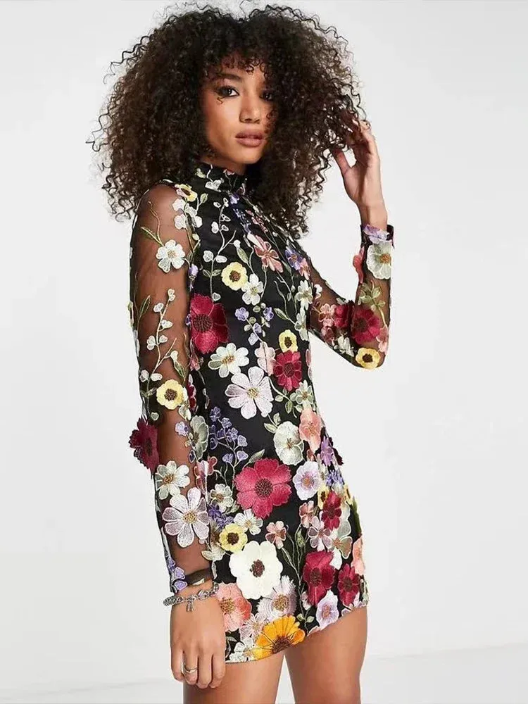 Elegant Flower Embroidery Mini Dress – Long Sleeve Chic Party Dress for Women