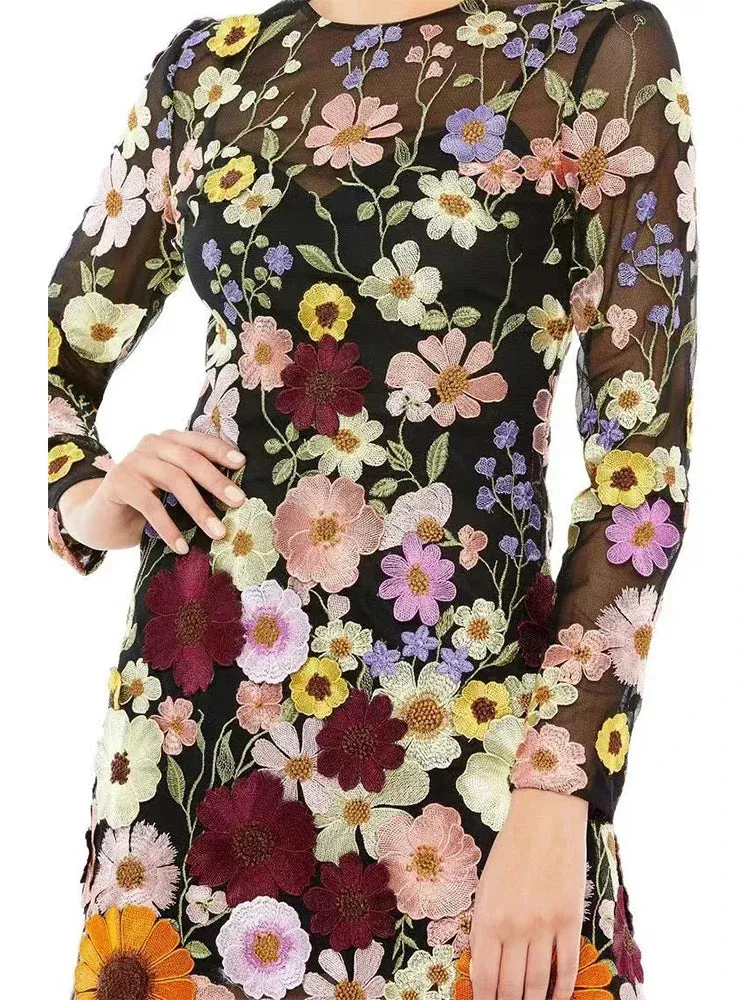 Elegant Flower Embroidery Mini Dress – Long Sleeve Chic Party Dress for Women