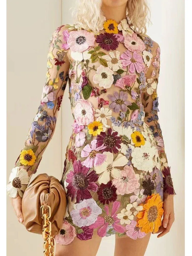 Elegant Flower Embroidery Mini Dress – Long Sleeve Chic Party Dress for Women