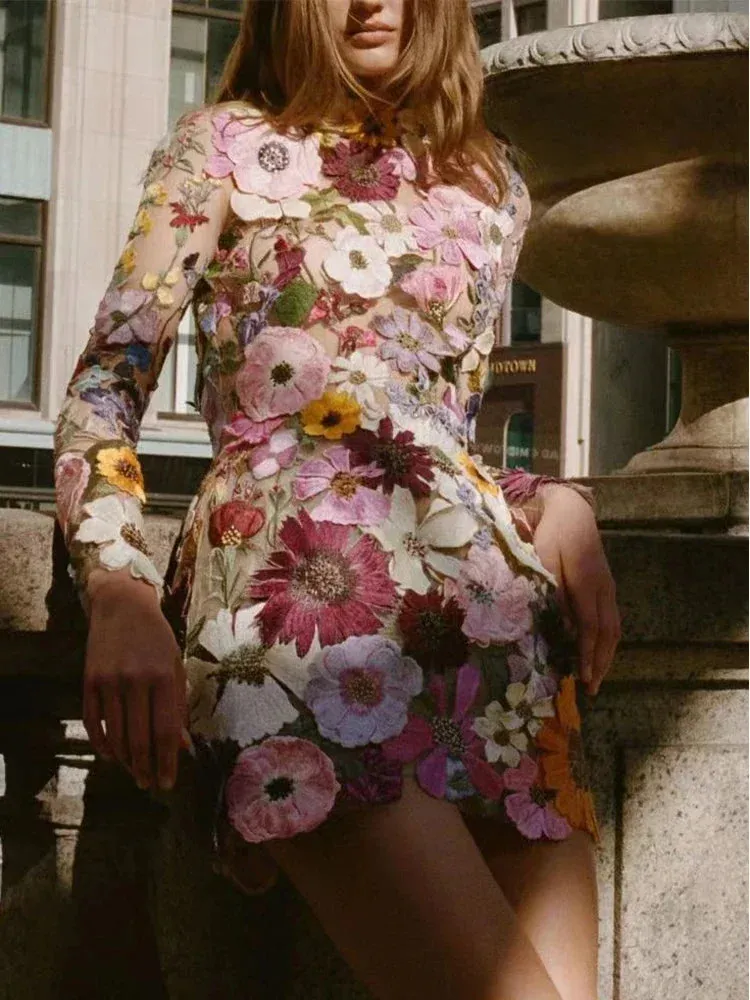 Elegant Flower Embroidery Mini Dress – Long Sleeve Chic Party Dress for Women