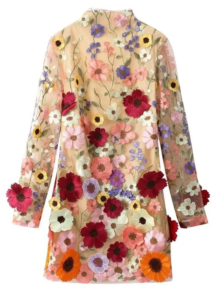 Elegant Flower Embroidery Mini Dress – Long Sleeve Chic Party Dress for Women