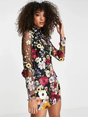 Elegant Flower Embroidery Mini Dress – Long Sleeve Chic Party Dress for Women
