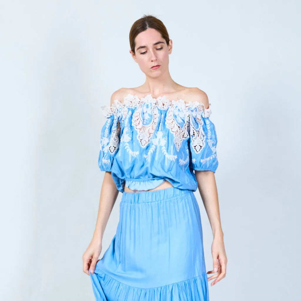 Elegant off-shoulder top and skirt set with lace details wholesale
