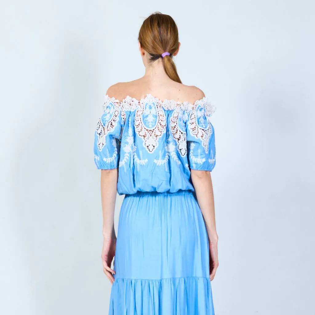Elegant off-shoulder top and skirt set with lace details wholesale