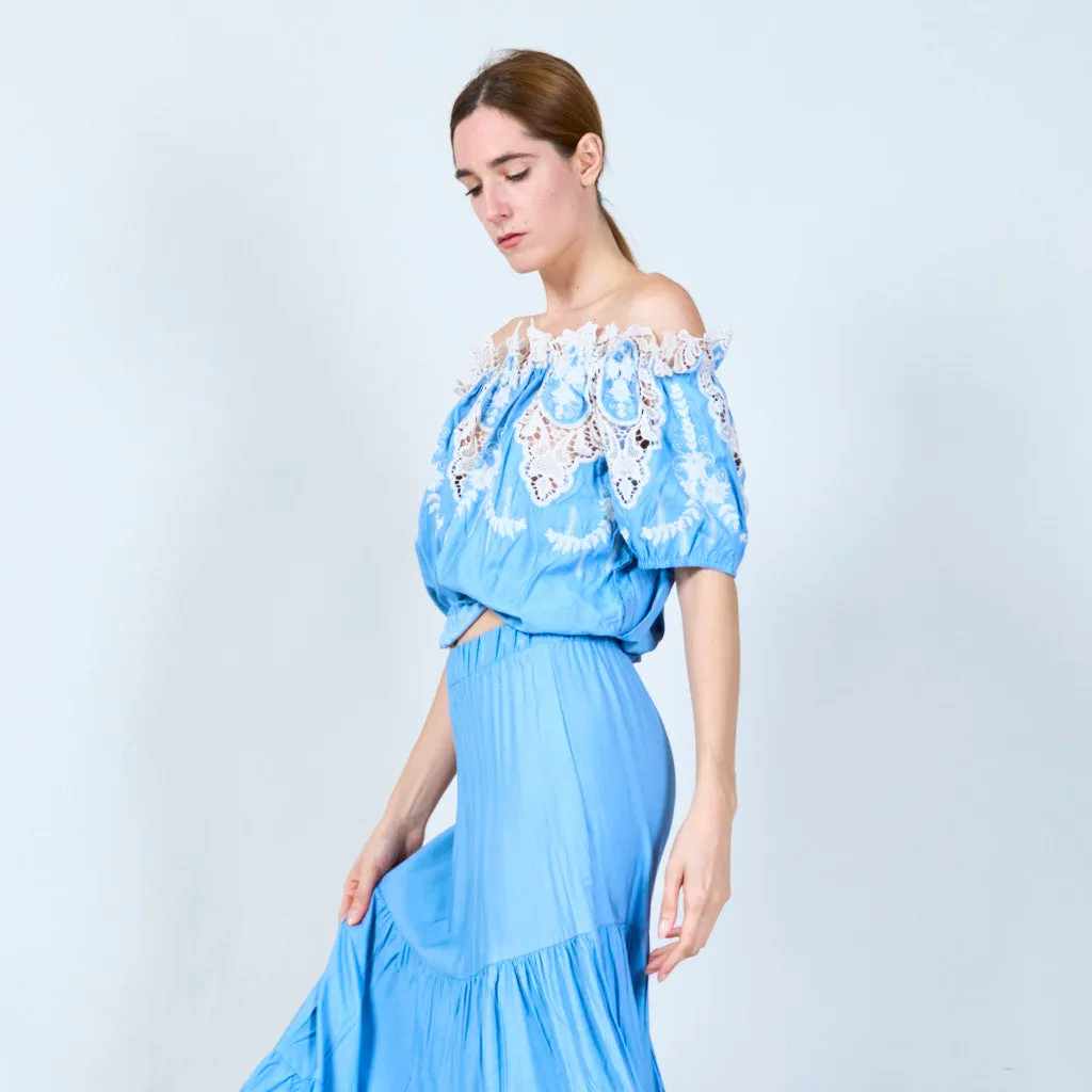 Elegant off-shoulder top and skirt set with lace details wholesale