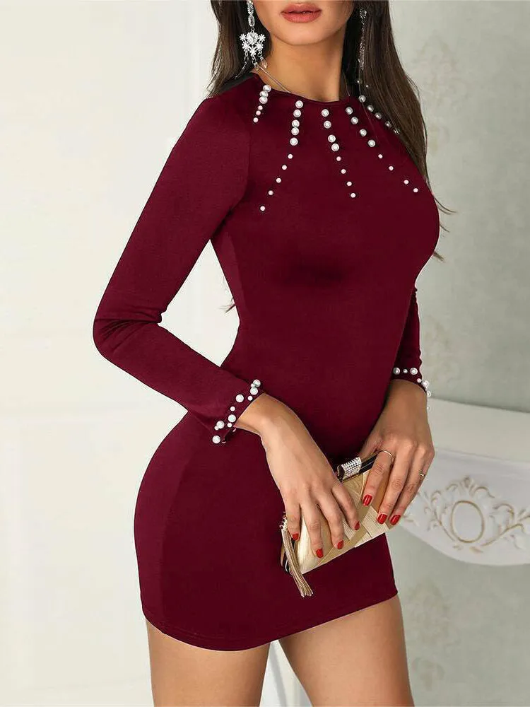 Elegant Pearl Details Round Neck Long Sleeves Mini Dress