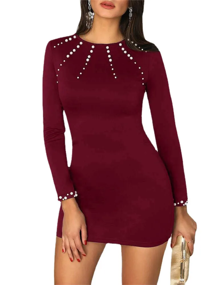 Elegant Pearl Details Round Neck Long Sleeves Mini Dress