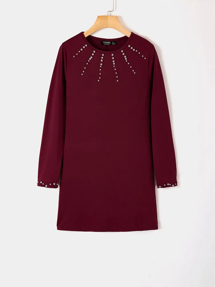 Elegant Pearl Details Round Neck Long Sleeves Mini Dress