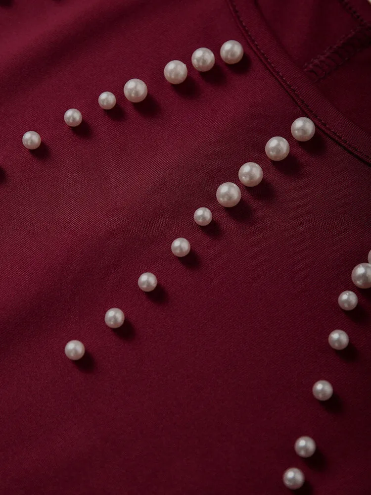 Elegant Pearl Details Round Neck Long Sleeves Mini Dress