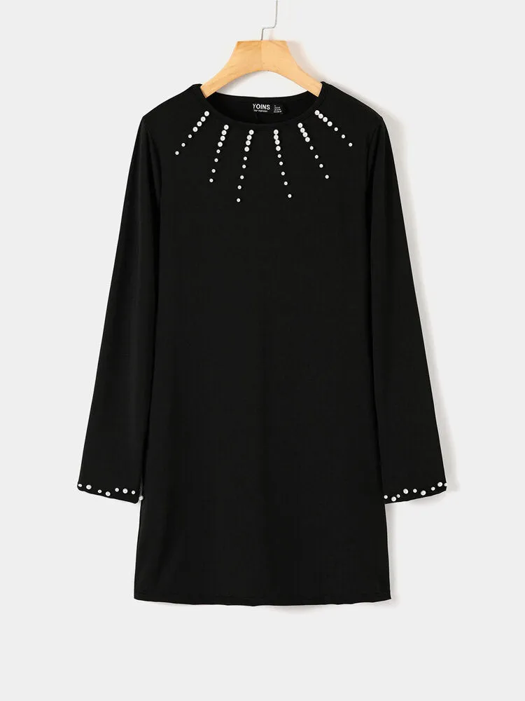 Elegant Pearl Details Round Neck Long Sleeves Mini Dress