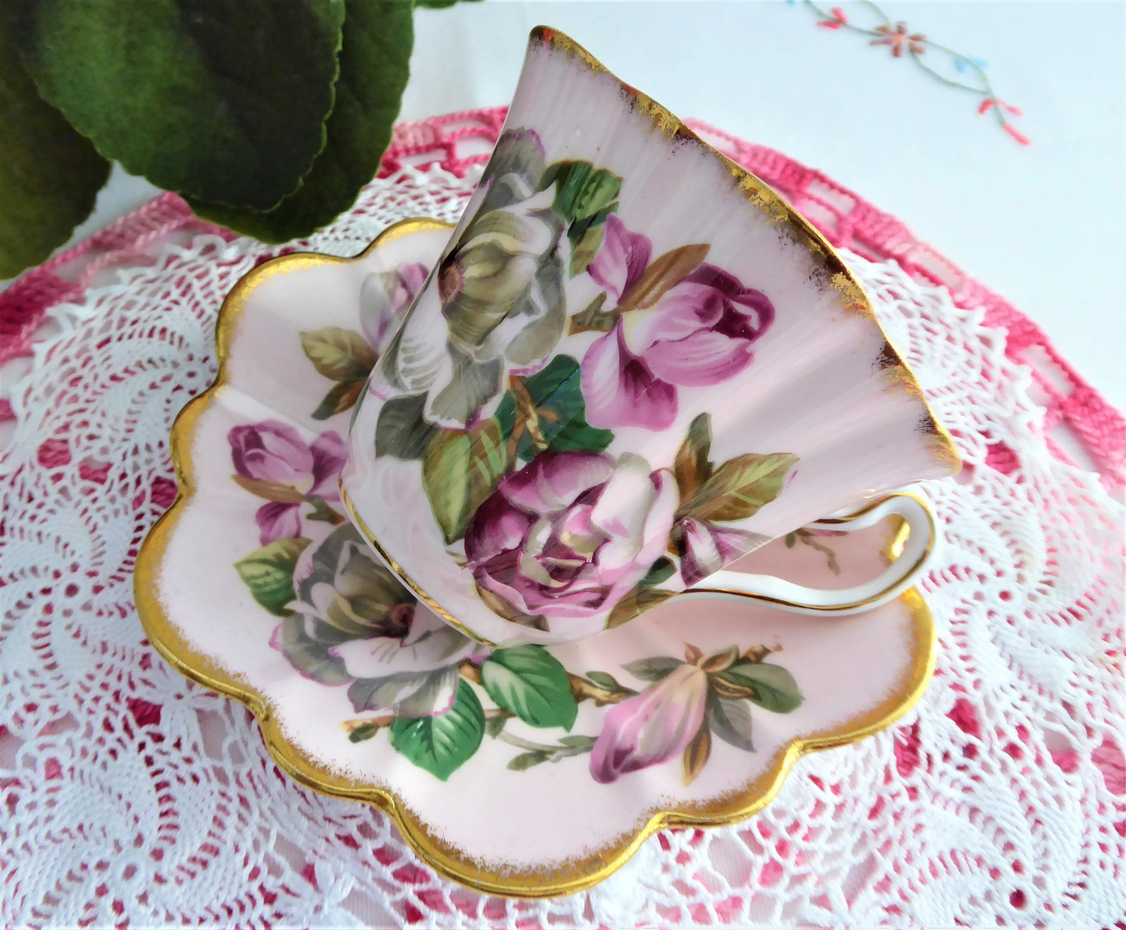 Elegant Pink Rosina Camellias Cup And Saucer Colored 1950s Fancy Shape Brushed Gold