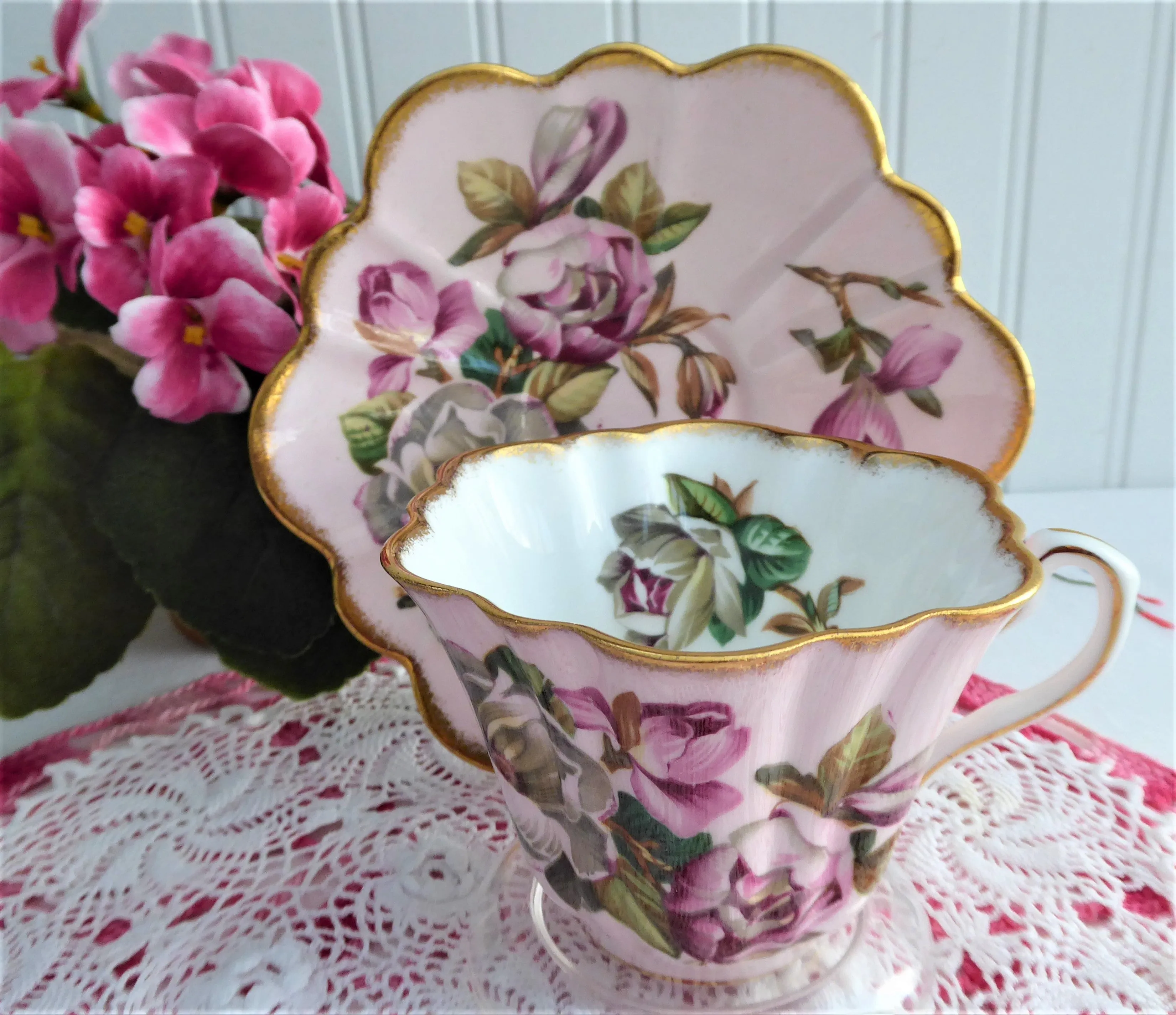 Elegant Pink Rosina Camellias Cup And Saucer Colored 1950s Fancy Shape Brushed Gold