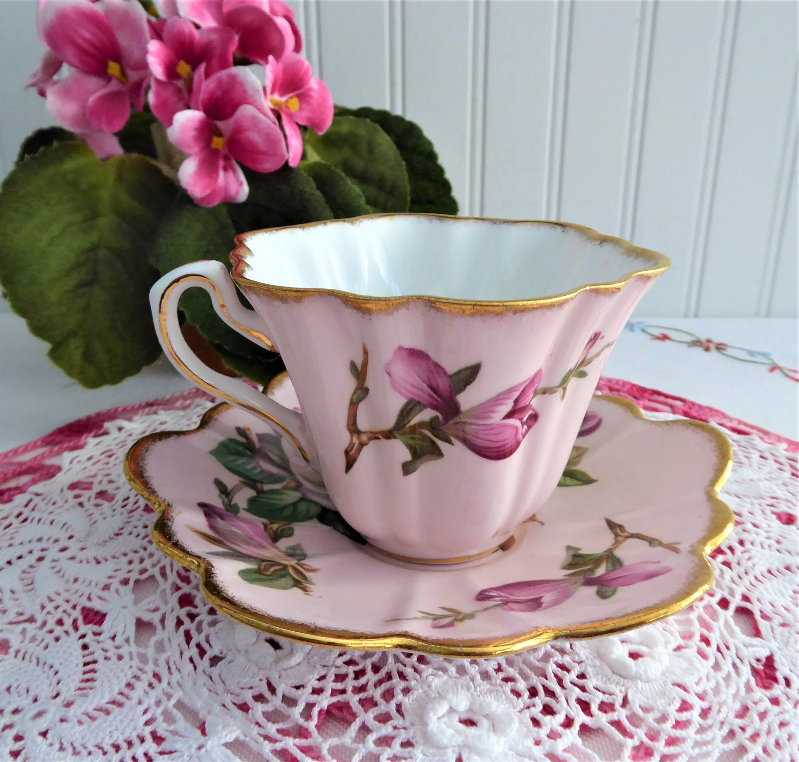 Elegant Pink Rosina Camellias Cup And Saucer Colored 1950s Fancy Shape Brushed Gold