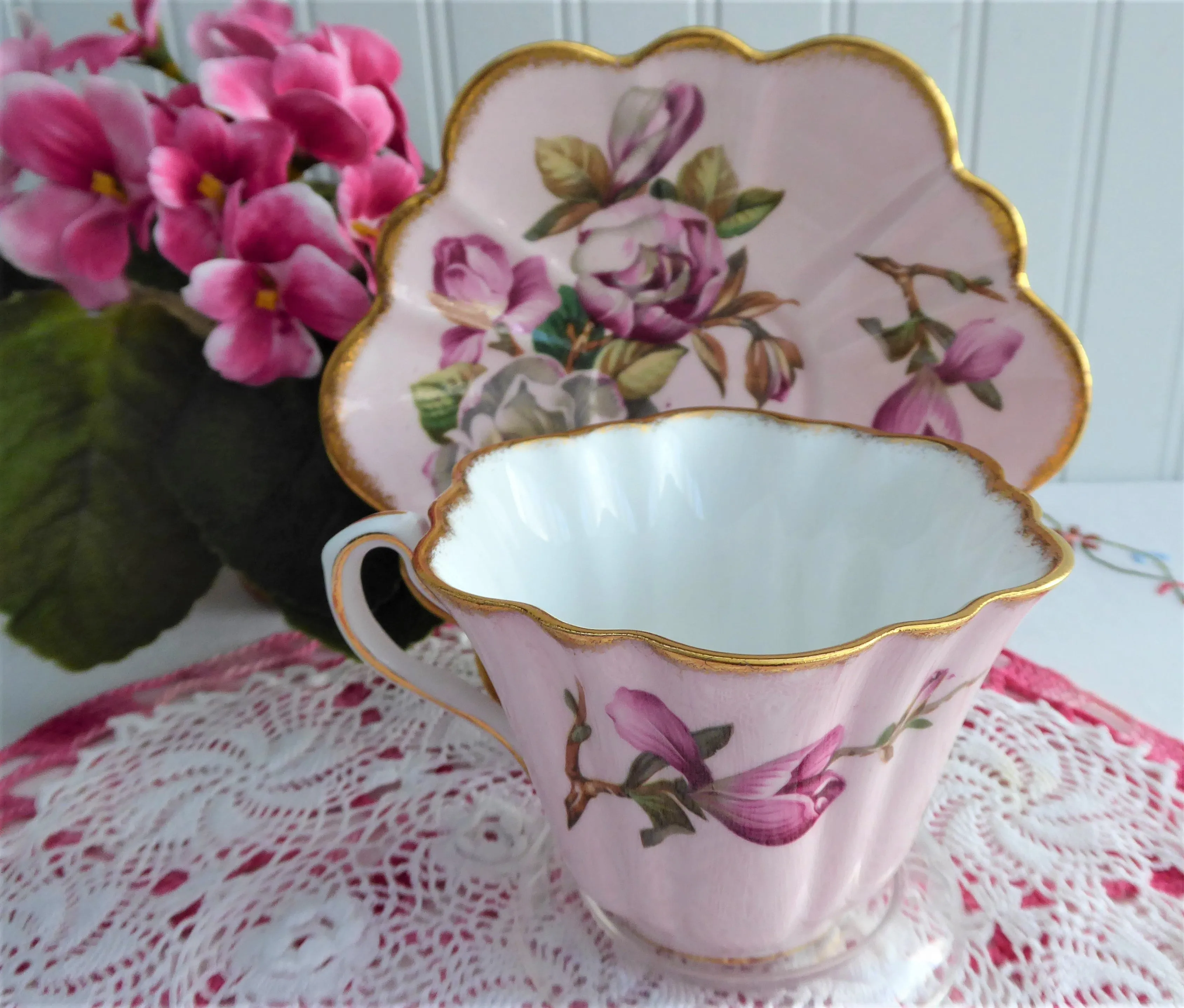 Elegant Pink Rosina Camellias Cup And Saucer Colored 1950s Fancy Shape Brushed Gold