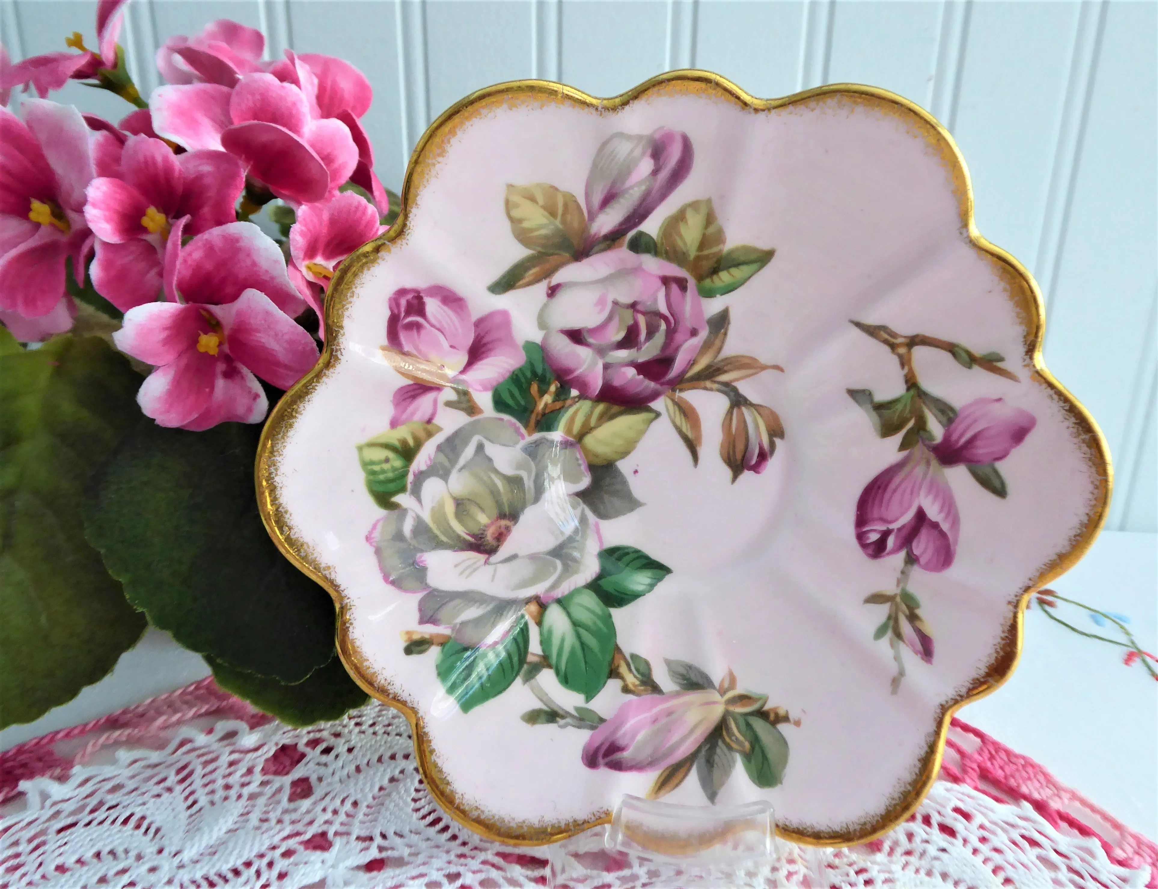 Elegant Pink Rosina Camellias Cup And Saucer Colored 1950s Fancy Shape Brushed Gold