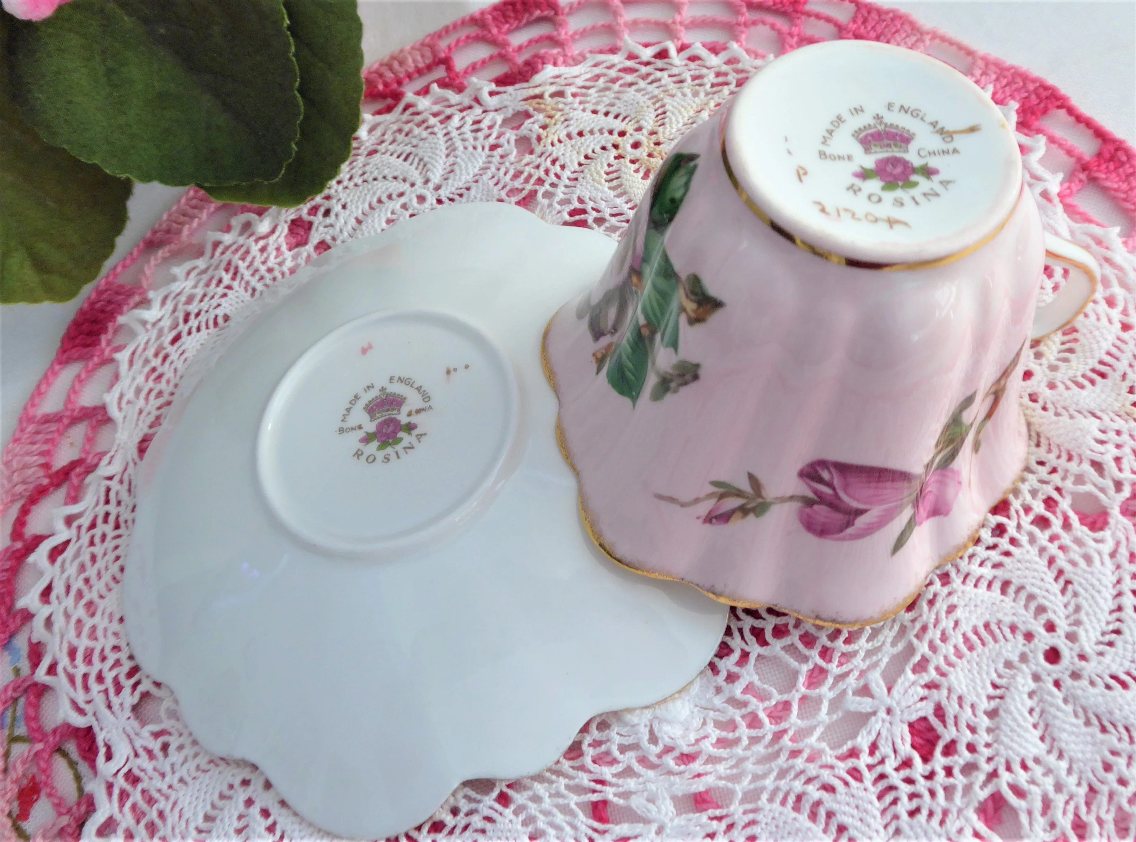 Elegant Pink Rosina Camellias Cup And Saucer Colored 1950s Fancy Shape Brushed Gold