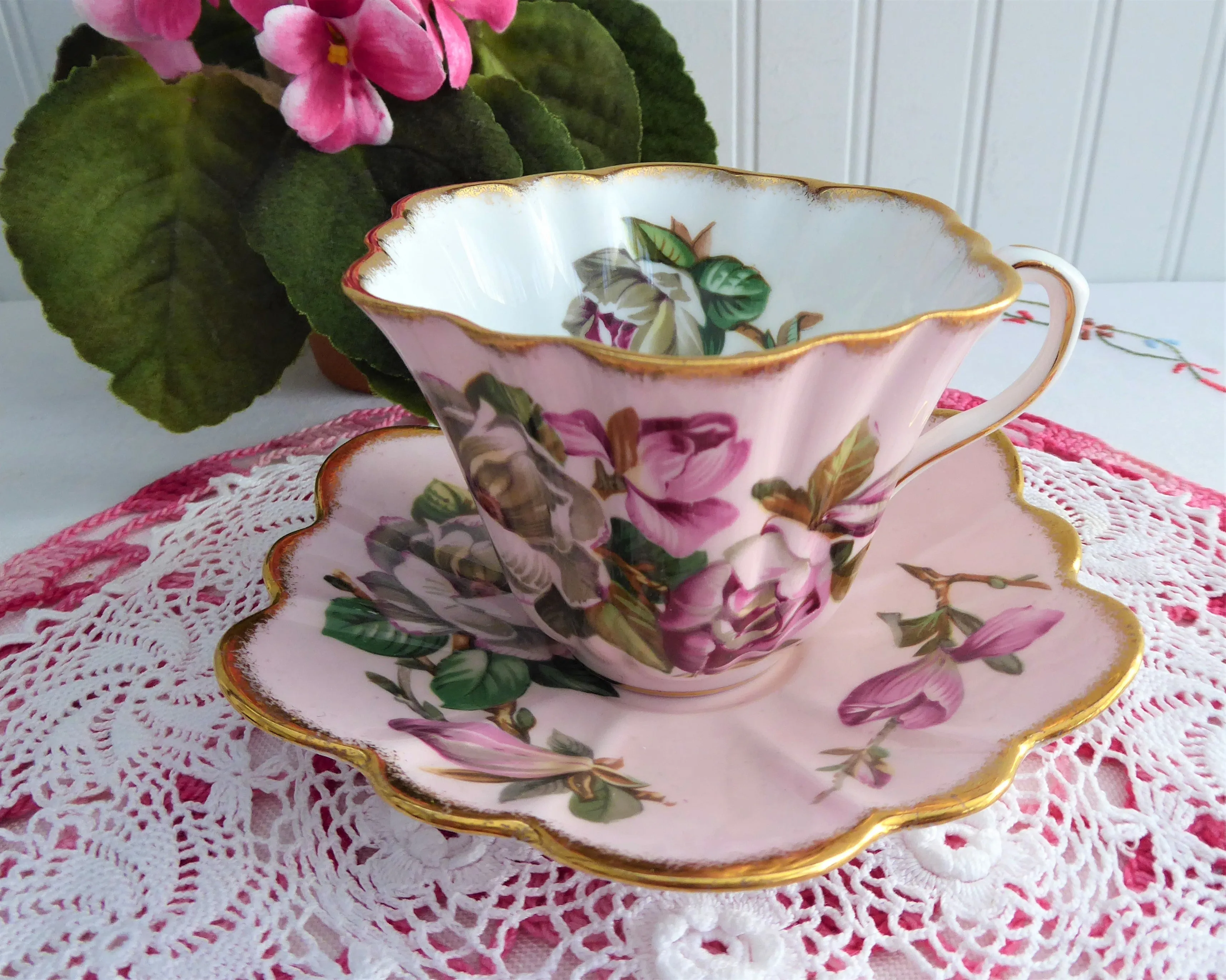 Elegant Pink Rosina Camellias Cup And Saucer Colored 1950s Fancy Shape Brushed Gold
