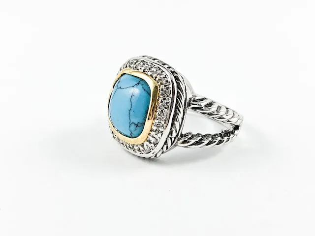 Elegant Turquoise Stone 2-Tone Cable Brass Ring