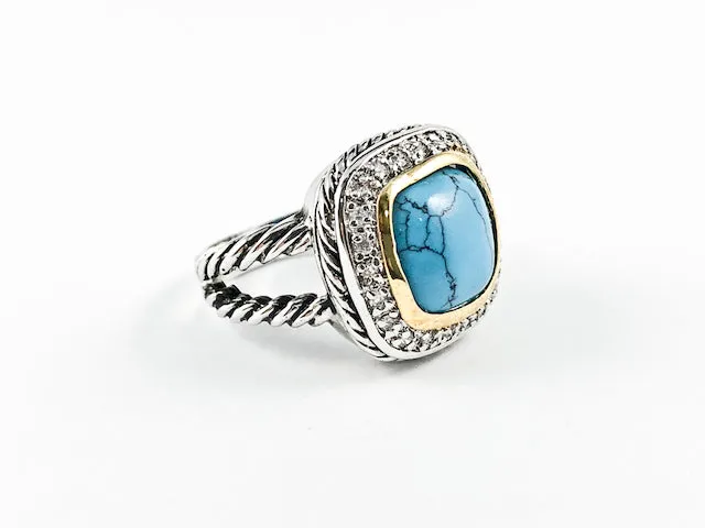 Elegant Turquoise Stone 2-Tone Cable Brass Ring