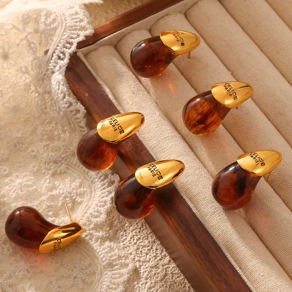 Elegant Vintage Resin Water Drop Stud Earrings in Geometric Design with Gold-Plated Titanium Steel Details