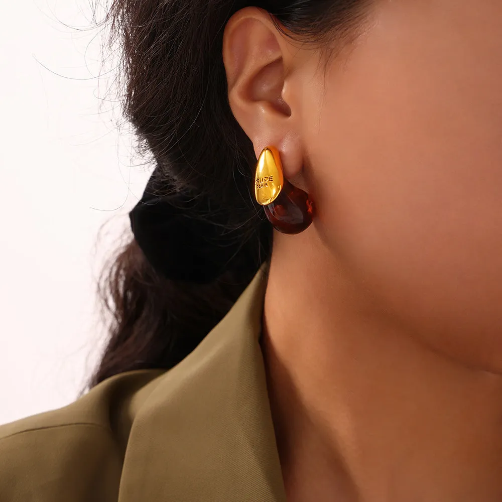 Elegant Vintage Resin Water Drop Stud Earrings in Geometric Design with Gold-Plated Titanium Steel Details