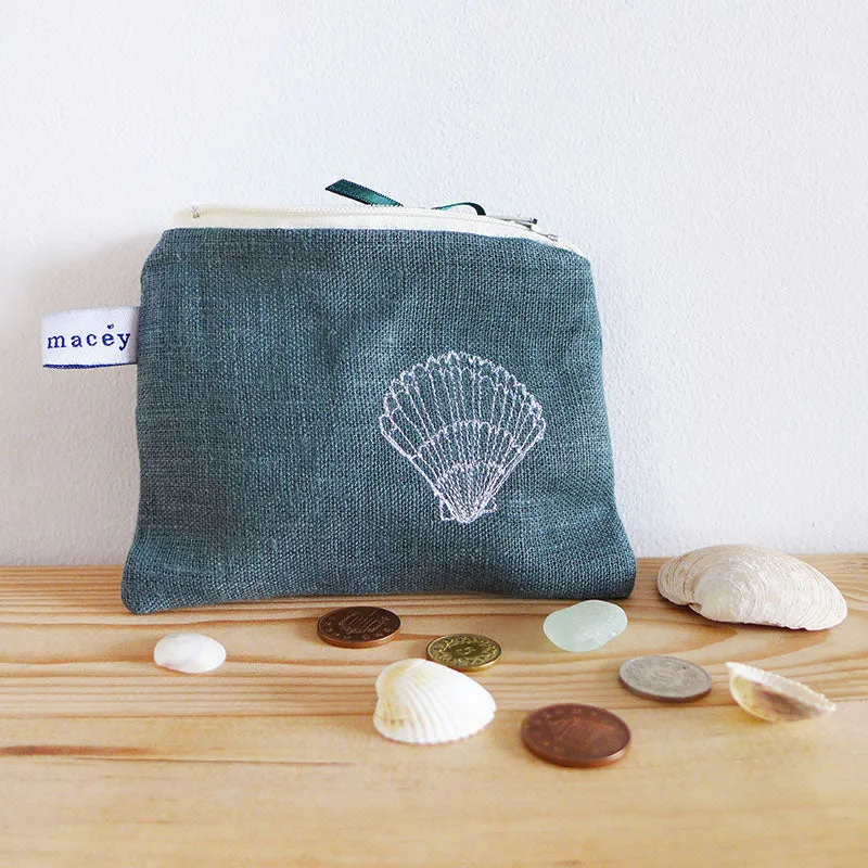 Embroidered Scallop Spruce Linen Purse