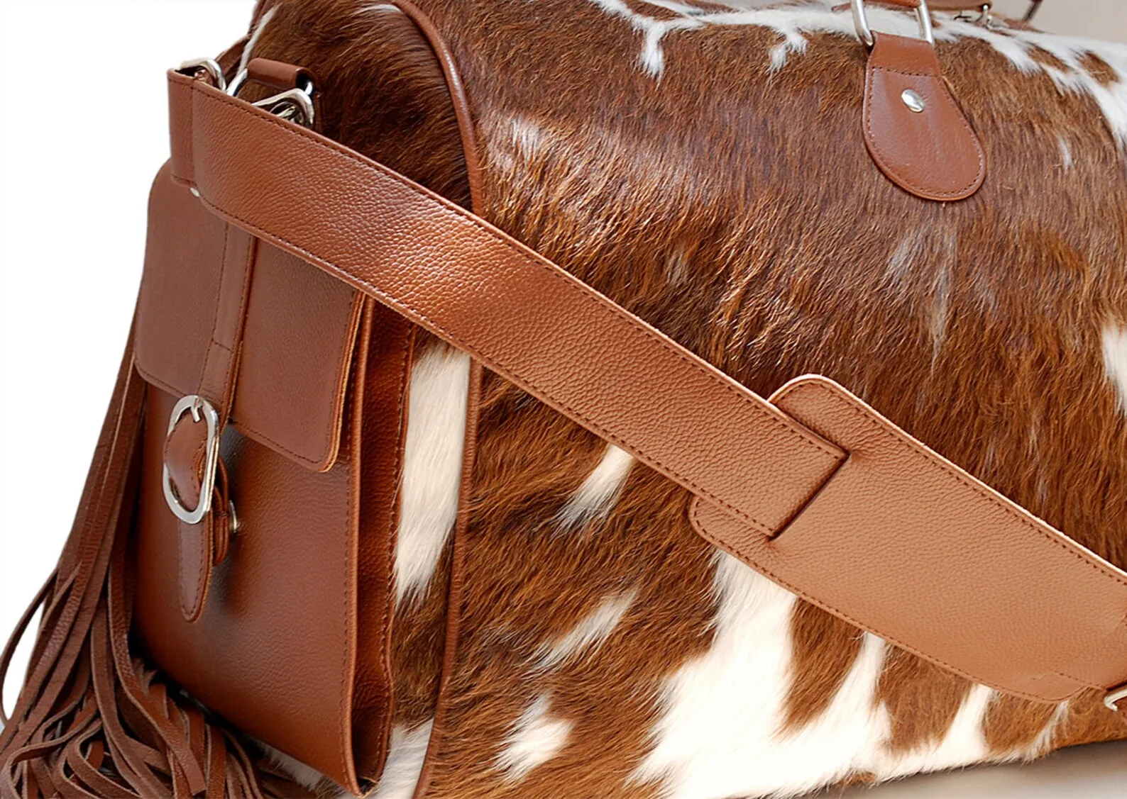 Exotic Brown White Cowhide Duffle Bag