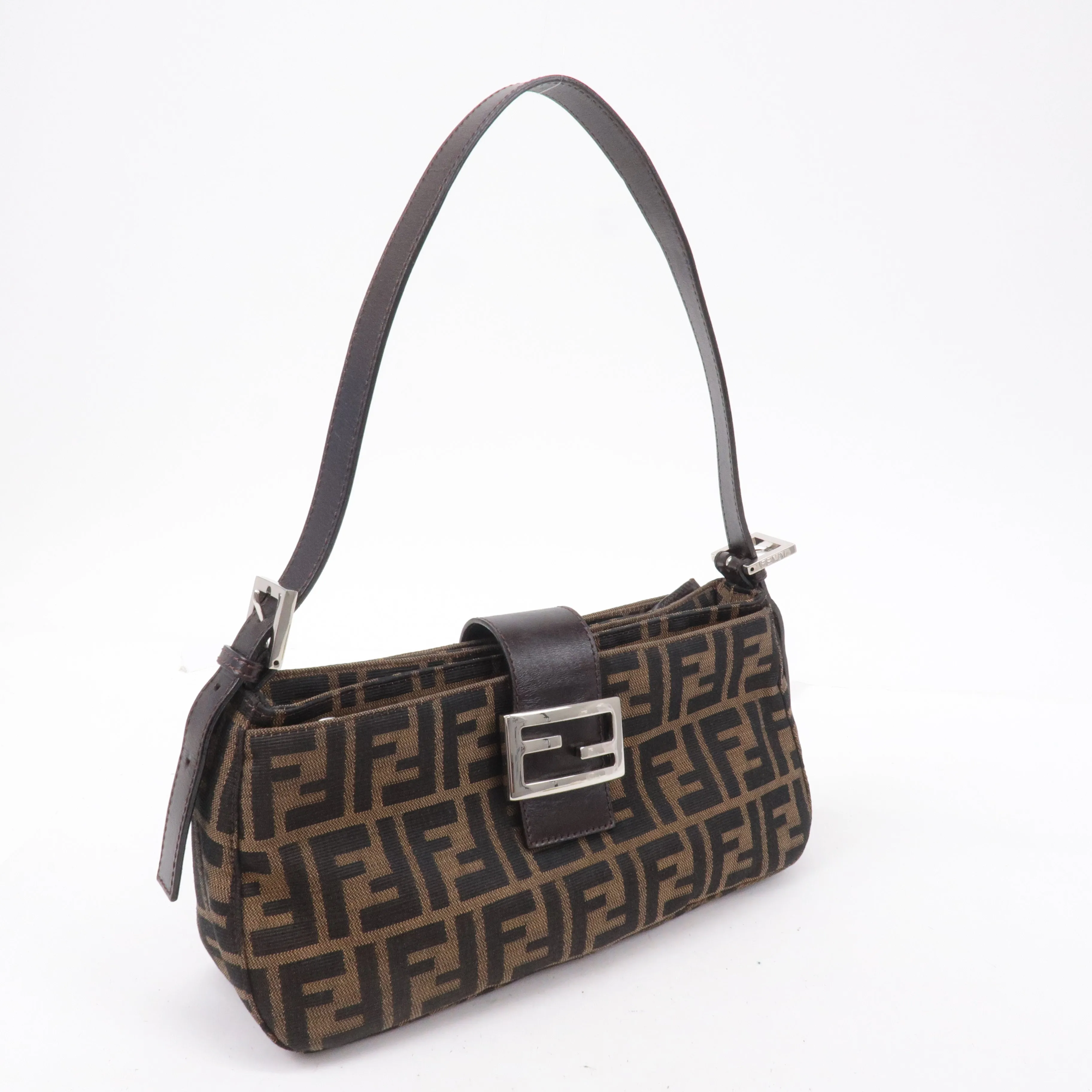 FENDI Zucca Canvas Leather Shoulder Bag Black Brown 26722