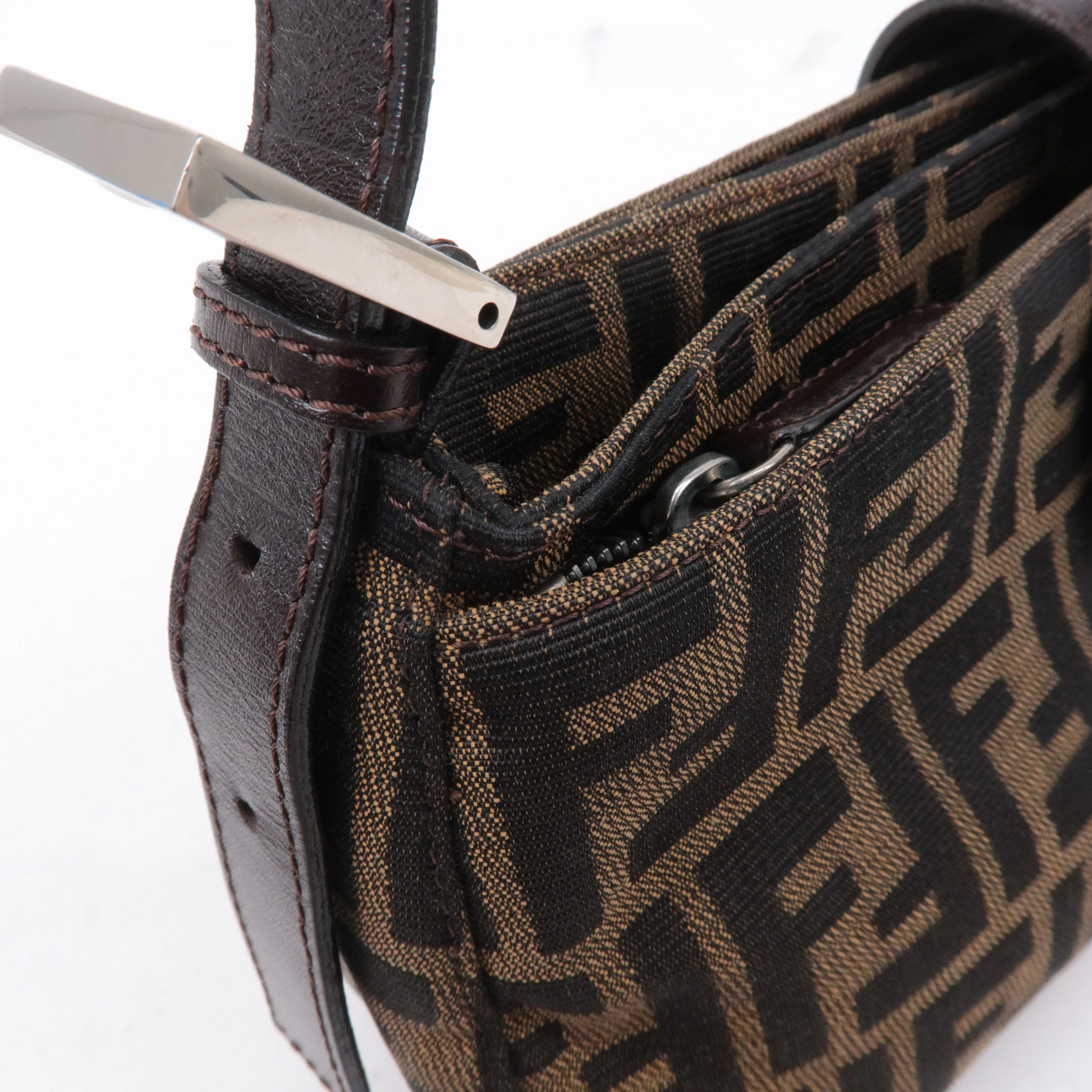FENDI Zucca Canvas Leather Shoulder Bag Black Brown 26722