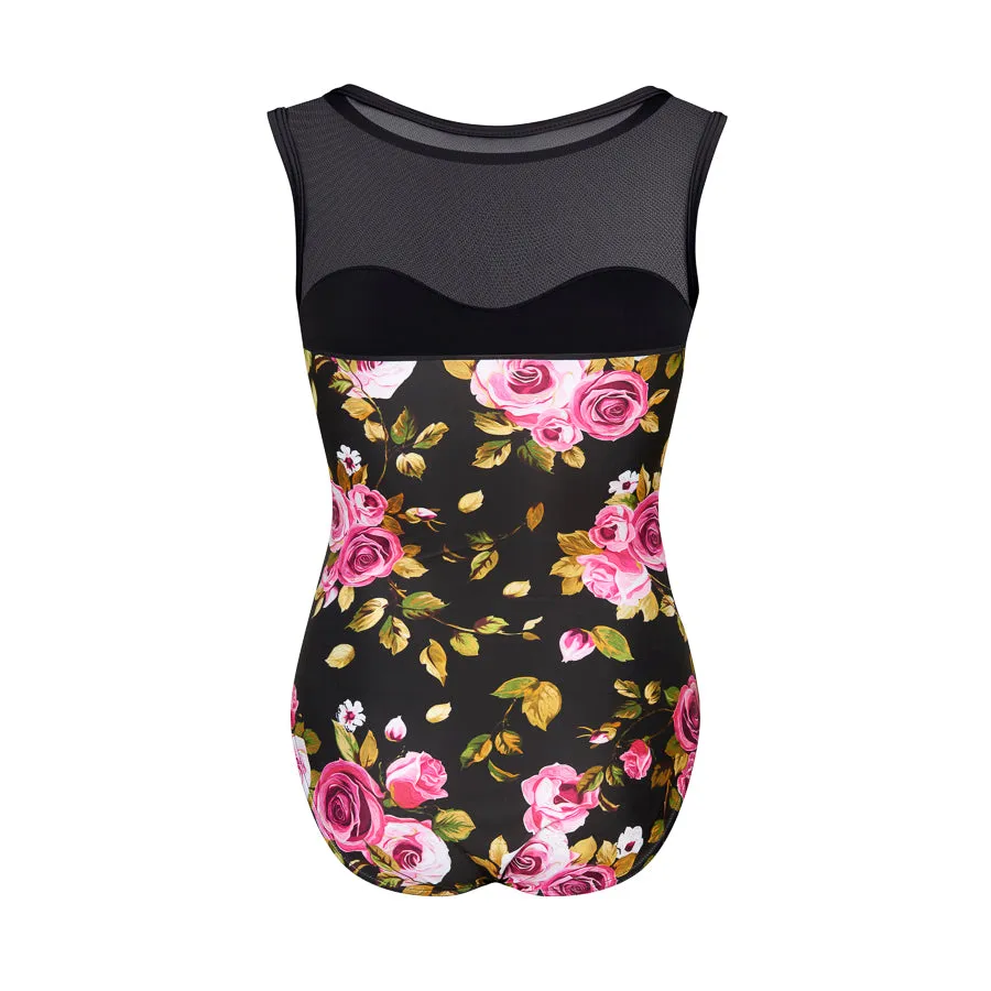 Floral Print Boatneck Mesh Leotard