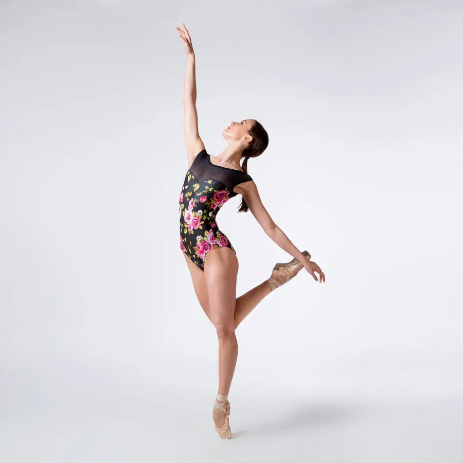 Floral Print Boatneck Mesh Leotard