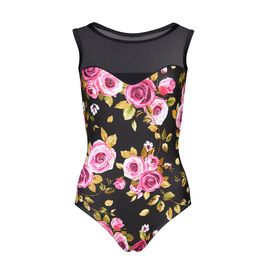 Floral Print Boatneck Mesh Leotard