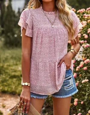 Flounce sleeve Polka Dot Round Neck Chiffon Shirt