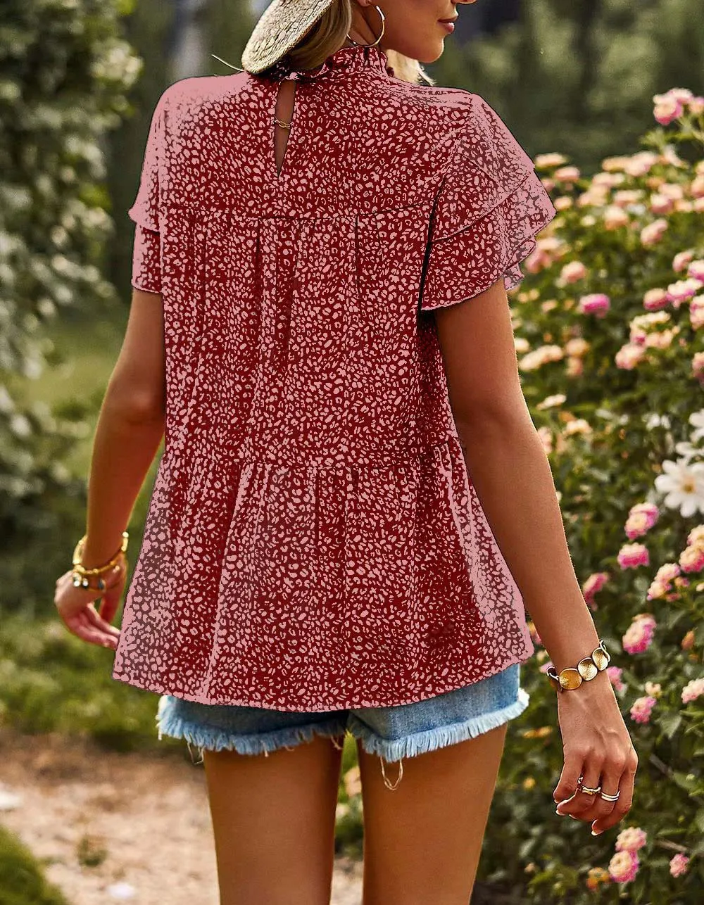 Flounce sleeve Polka Dot Round Neck Chiffon Shirt