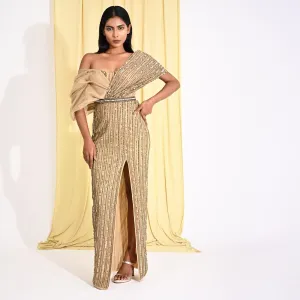 Gold Embellished Olive Pleated Sleeve Drape Gown
