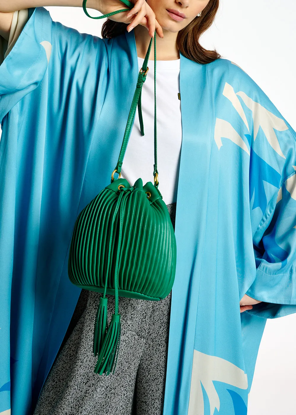 Green pleated mini bucket bag
