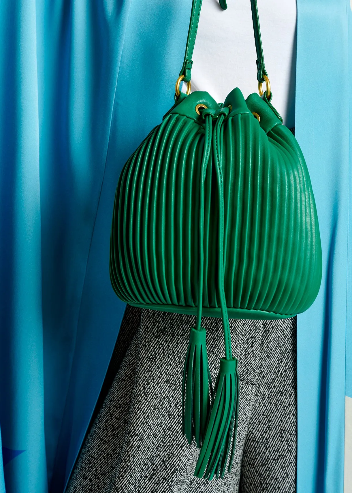 Green pleated mini bucket bag