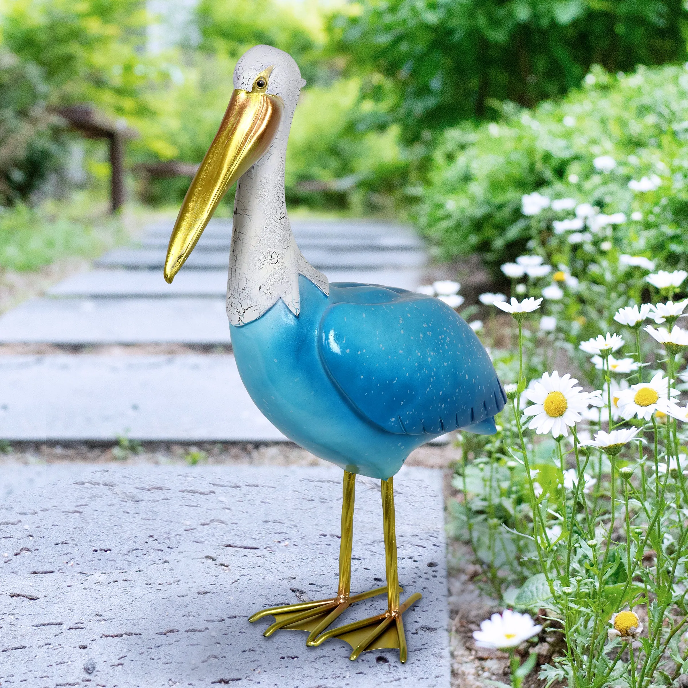 Hand Painted Beach Pelican Garden Statue, 14 by 19 Inches