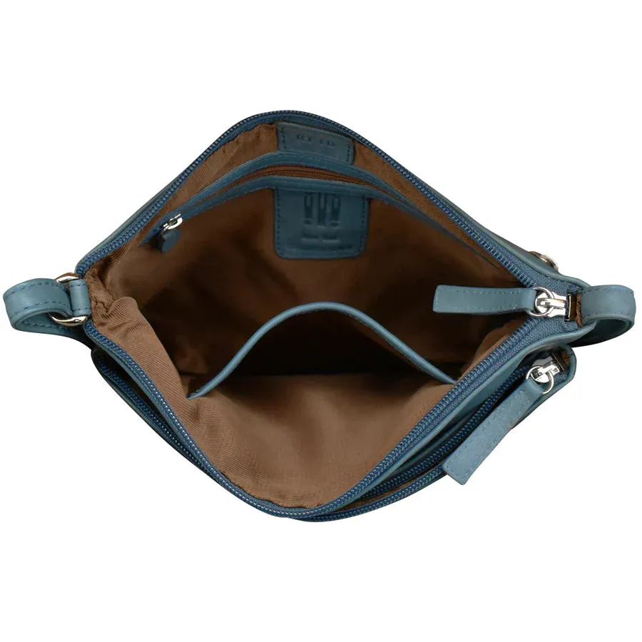 Handbag Double Zip Crossbody Bag Jeans Blue Leather RFID Blocking 6028