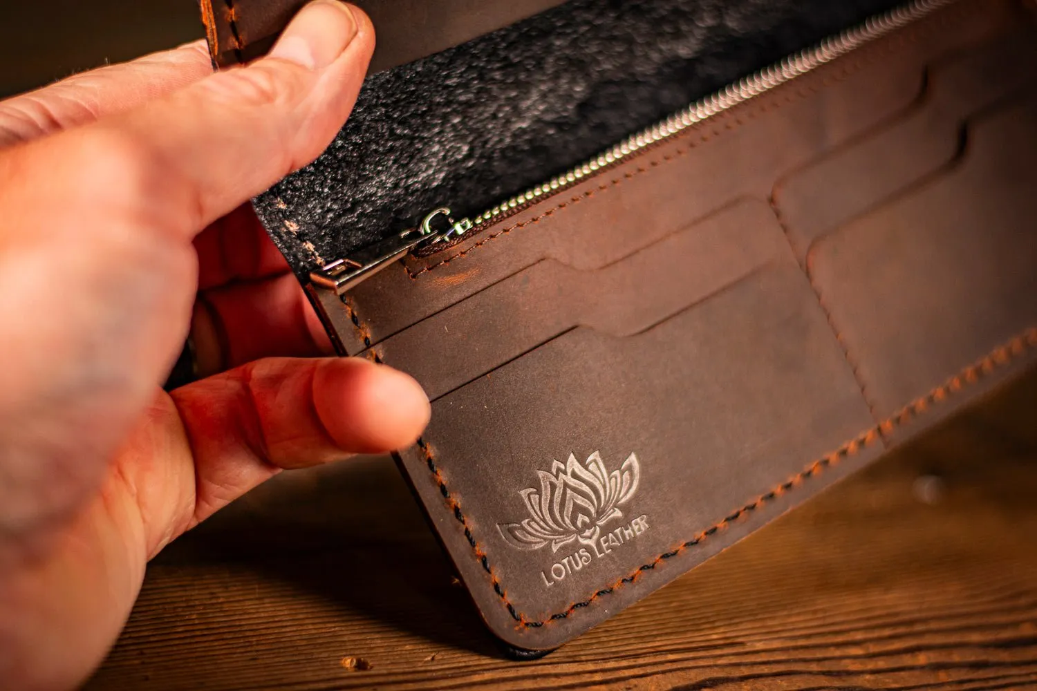 Handcrafted Long Leather Wallet - Freehand Carved Mountain Scene with Flower of Life Sunset